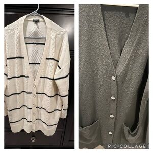 Set of 2 Talbots Cardigans-Striped Cream and Black Sweater with Jeweled Buttons